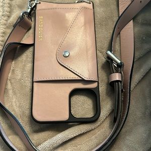 BANDOLIER PEACHY PINK COLORED IPHONE 11 PRO MAX CASE WITH WIDE STRAP.